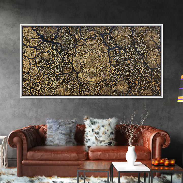 Gold African Tree Canvas Print, Abstract Tribal Map Pattern, Black And Gold Wall Decor, Boho Cultural Home Decor, Statement Wall Art