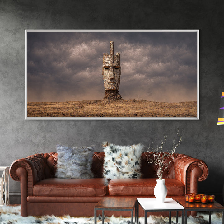 Weathered African Mask Framed Canvas Print, Desert Storm Sculpture Portrait, Tribal Wall Art, Mystical Cultural Decor Gift