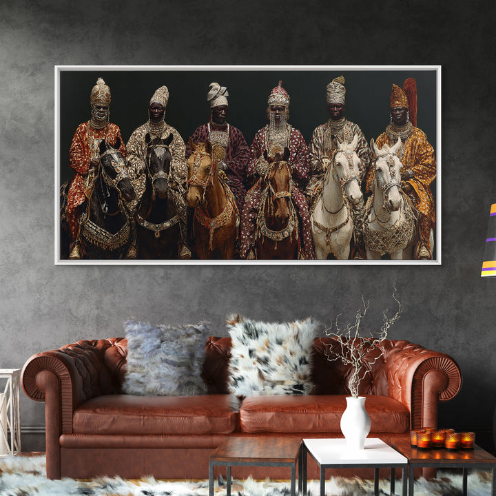 Royal African Horsemen Framed Canvas Print, Jeweled Cavalry Portrait Wall Art, Tribal Queen Decor, Luxury Home Decor Gift