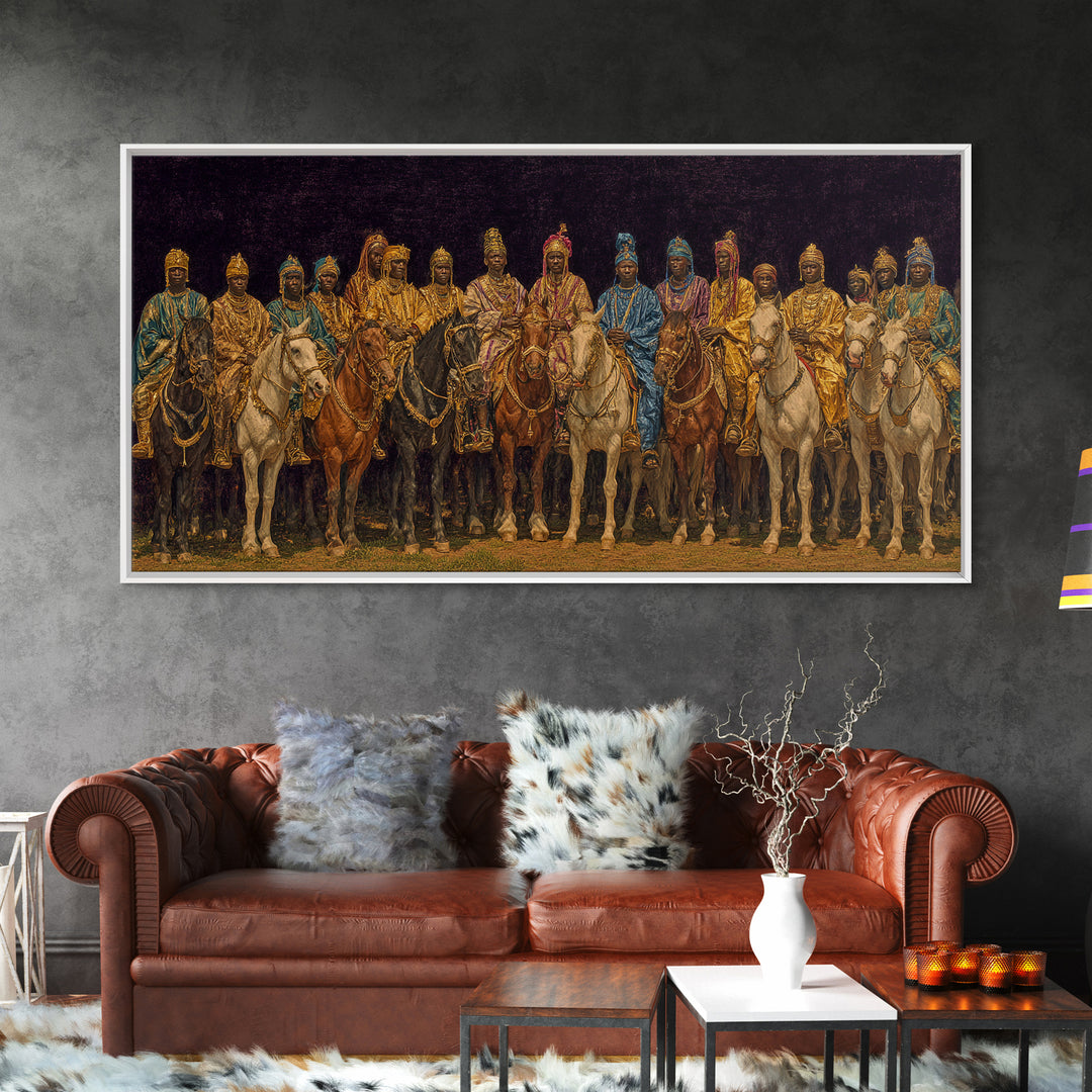Golden African Royal Horsemen At Night Wall Art, Luxury Afrocentric Canvas Print, Traditional Tribal Decor, Statement Piece