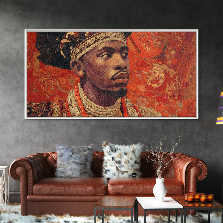 Ornate African Royal Man Portrait Framed Canvas Print, Afrocentric Black Art, Gold Jewelry Canvas, Cultural Heritage Wall Art