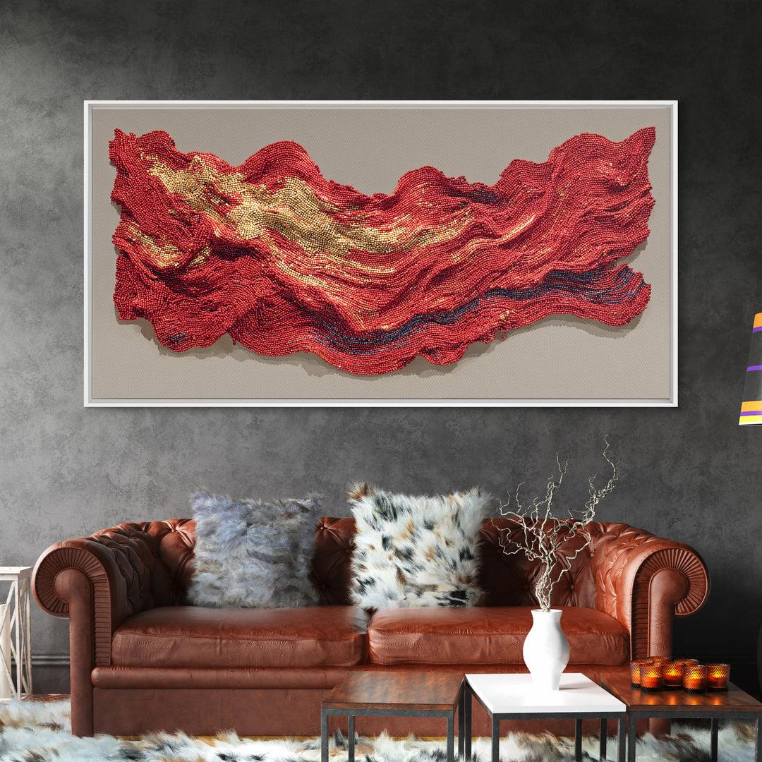 Red And Gold Beaded Wave Sculpture Wall Art, African Abstract Textile Decor, Luxury Canvas Print, Bold Contemporary Home Accent