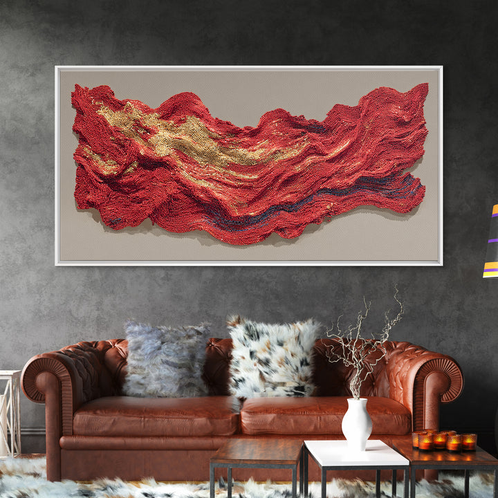 Red And Gold Beaded Wave Sculpture Wall Art, African Abstract Textile Decor, Luxury Canvas Print, Bold Contemporary Home Accent