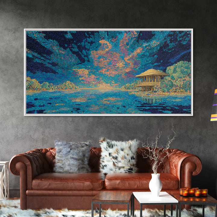 Moonlit Tropical Lagoon Hut Wall Art, Blue Coastal Landscape Canvas, Modern African Inspired Home Decor, Dreamy Living Room Art