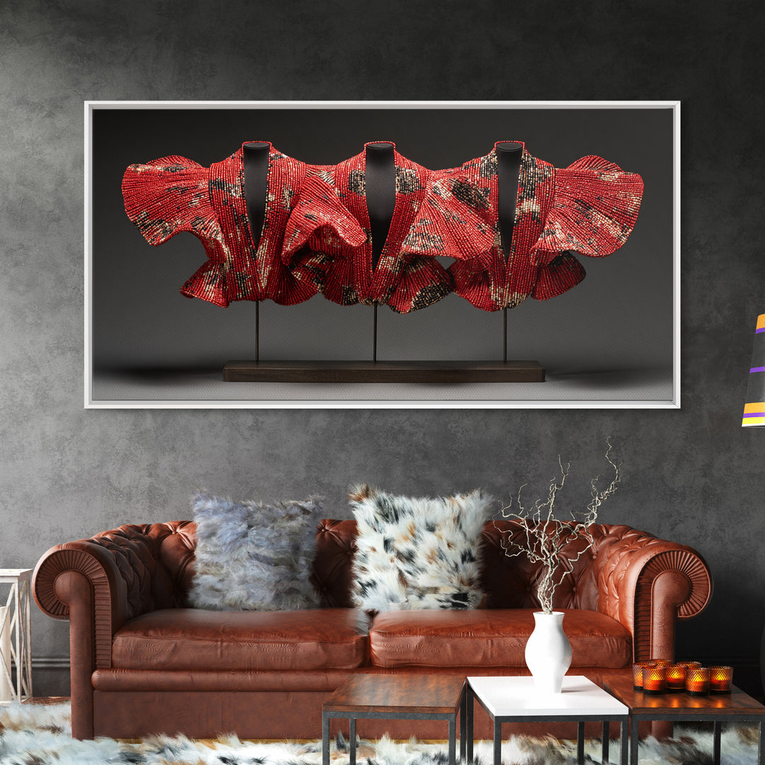 Red Ankara Textile Sculpture Framed Canvas Print, African Fabric Wall Decor, Bold Afrocentric Art For Elegant Modern Home