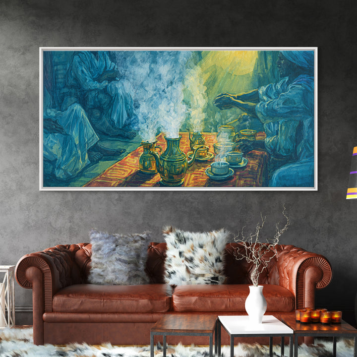 Blue Smoky Tea Ceremony Canvas Print, African Culture Art, Spiritual Wall Decor, Traditional Gathering Painting For Living Room