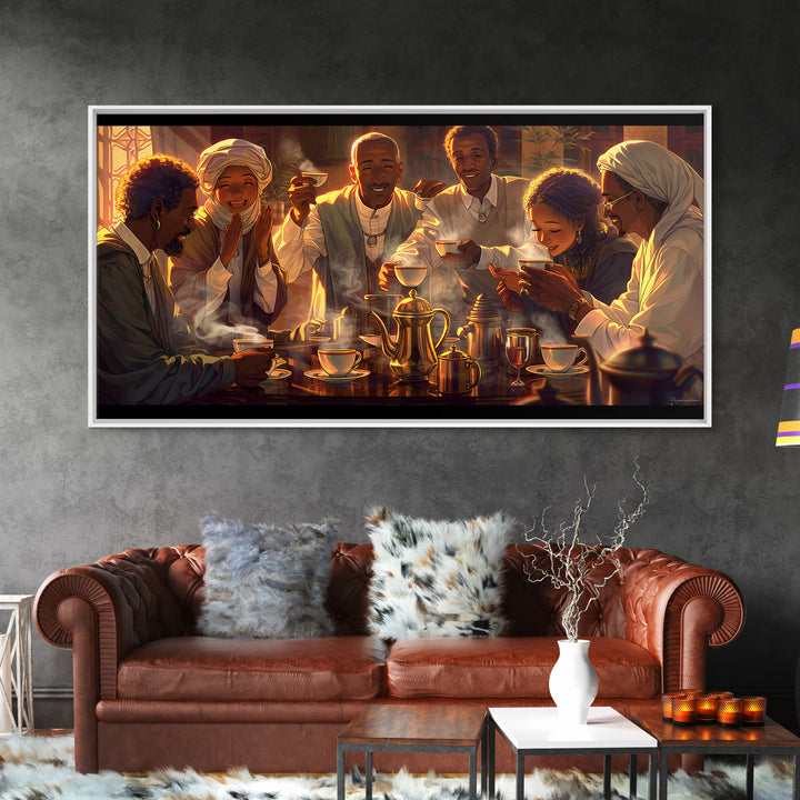 Joyful African Family Tea Gathering Wall Art, Black Culture Art Print, Warm Afrocentric Home Decor For Kitchen Or Dining Room