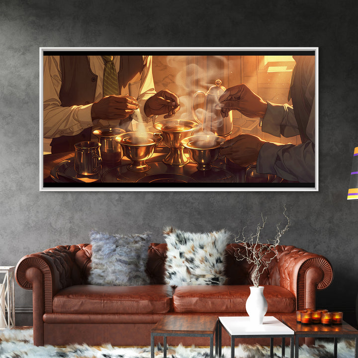 Golden Hands Pouring Tea Canvas Print, African Inspired Kitchen Wall Decor, Cultural Art Print For Warm Dining Room Home Decor