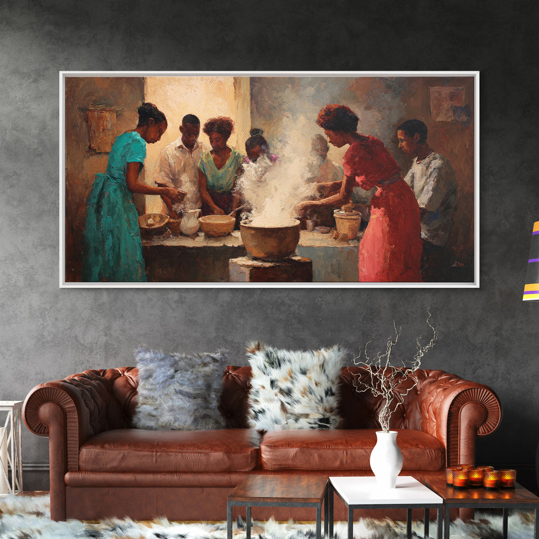 Community Cooking With Steaming Pot Wall Art, African American Art, Black Family Kitchen Decor, Cultural Home Decor Gift