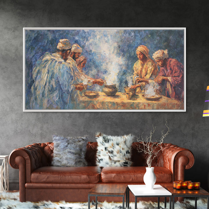 Traditional African Tea Ceremony Framed Canvas Print, Blue Robe Gathering Painting, Cultural Wall Decor For Boho Living Room