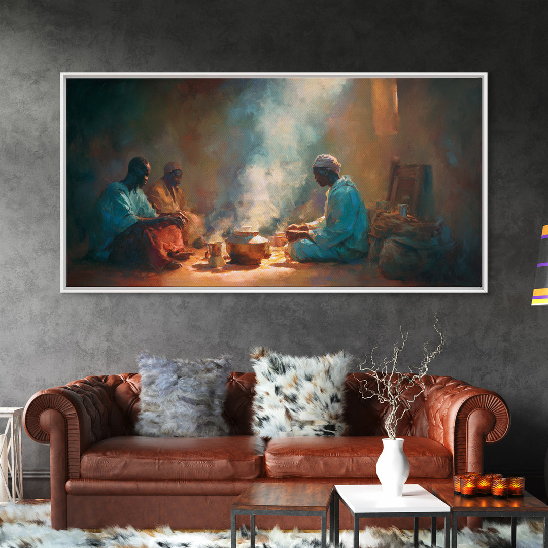Smoky Hearth Tea Gathering Canvas Print, African Men In Blue Robes, Spiritual Culture Wall Art For Rustic Living Room Decor