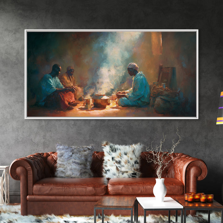 Smoky Hearth Tea Gathering Canvas Print, African Men In Blue Robes, Spiritual Culture Wall Art For Rustic Living Room Decor
