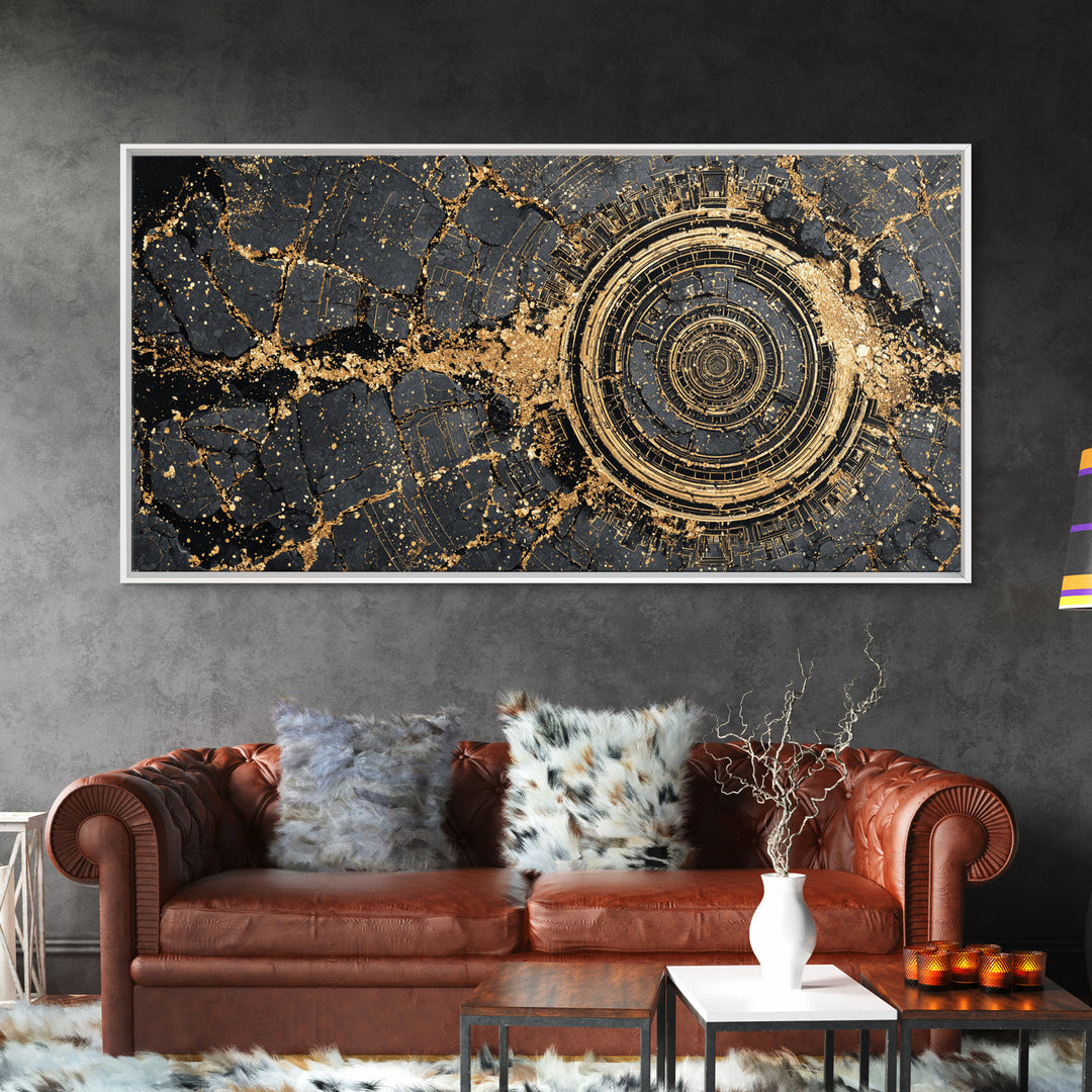 Cracked Obsidian Gold Mandala Canvas Print, African Abstract Art, Geometric Wall Decor, Luxury Modern Home Decor Gift For Him