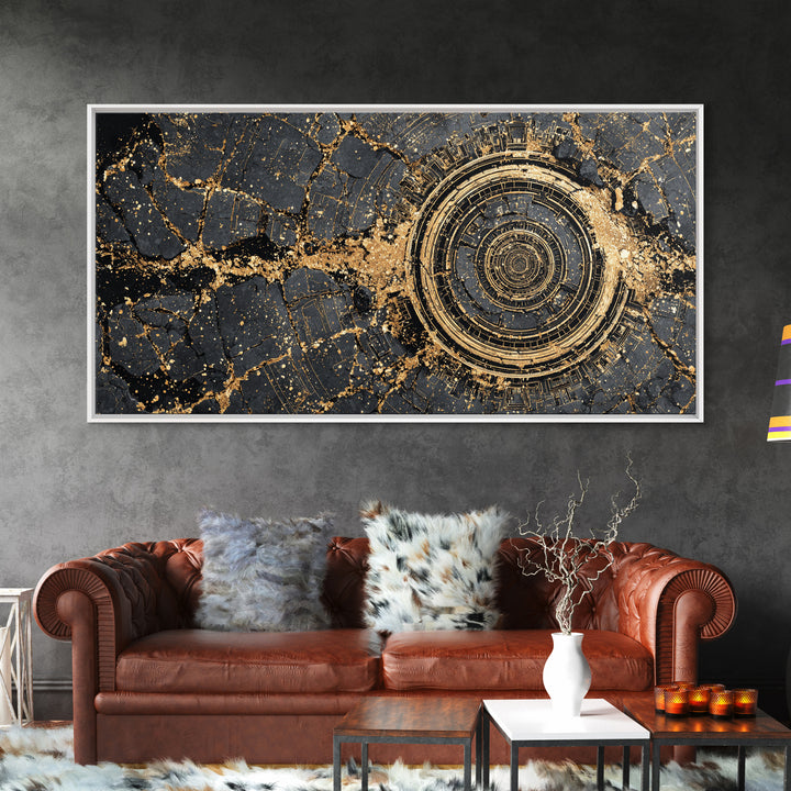 Cracked Obsidian Gold Mandala Canvas Print, African Abstract Art, Geometric Wall Decor, Luxury Modern Home Decor Gift For Him