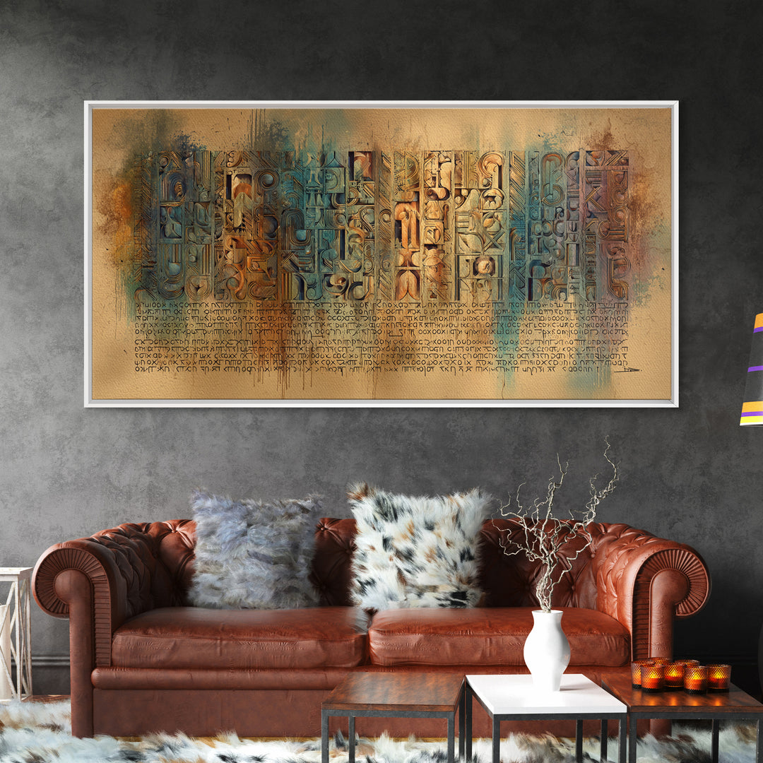 Weathered Glyph Panels Wall Art, African Inspired Hieroglyphic Abstract, Teal Rust Cultural Decor, Ancient Canvas Gift For Home
