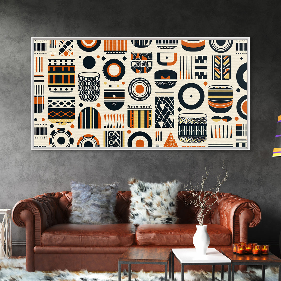 African Tribal Pattern Canvas Print, Black Orange Textile Wall Art, Afrocentric Geometric Decor, Boho Home Decor Gift For Living Room