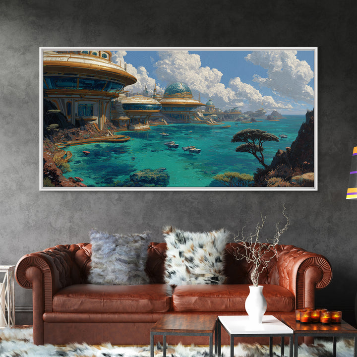 Afrofuturism Ocean City Framed Canvas Print, Futuristic African Coastal Wall Art, Turquoise Sci Fi Home Decor Gift For Office