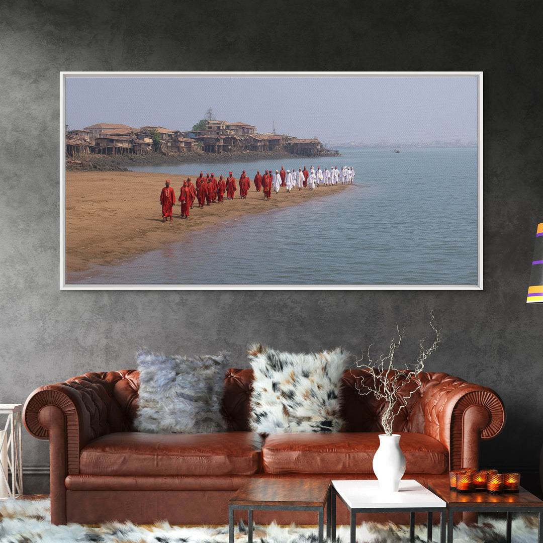 Red And White Beach Procession Wall Art, African Coastal Ceremony Canvas Print, Cultural Travel Decor For Living Room Gift
