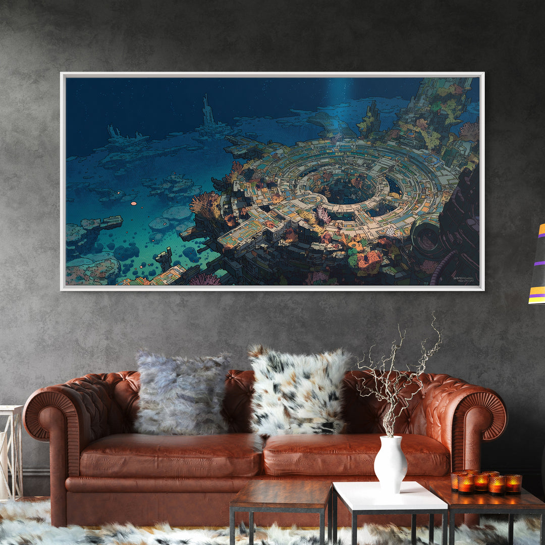 Underwater Futuristic City Wall Art, Sci Fi Ocean Ruins Canvas Print, Afrofuturism Decor, Blue Digital Art For Office Decor