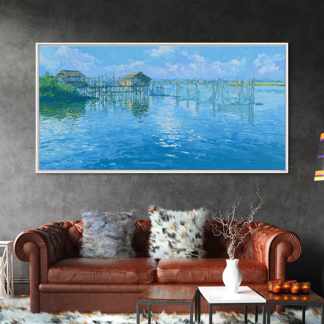 Blue Coastal Fishing Village Wall Art, Serene Water Landscape Canvas Print, Beach Art, Nature Scene Art, Living Room Decor