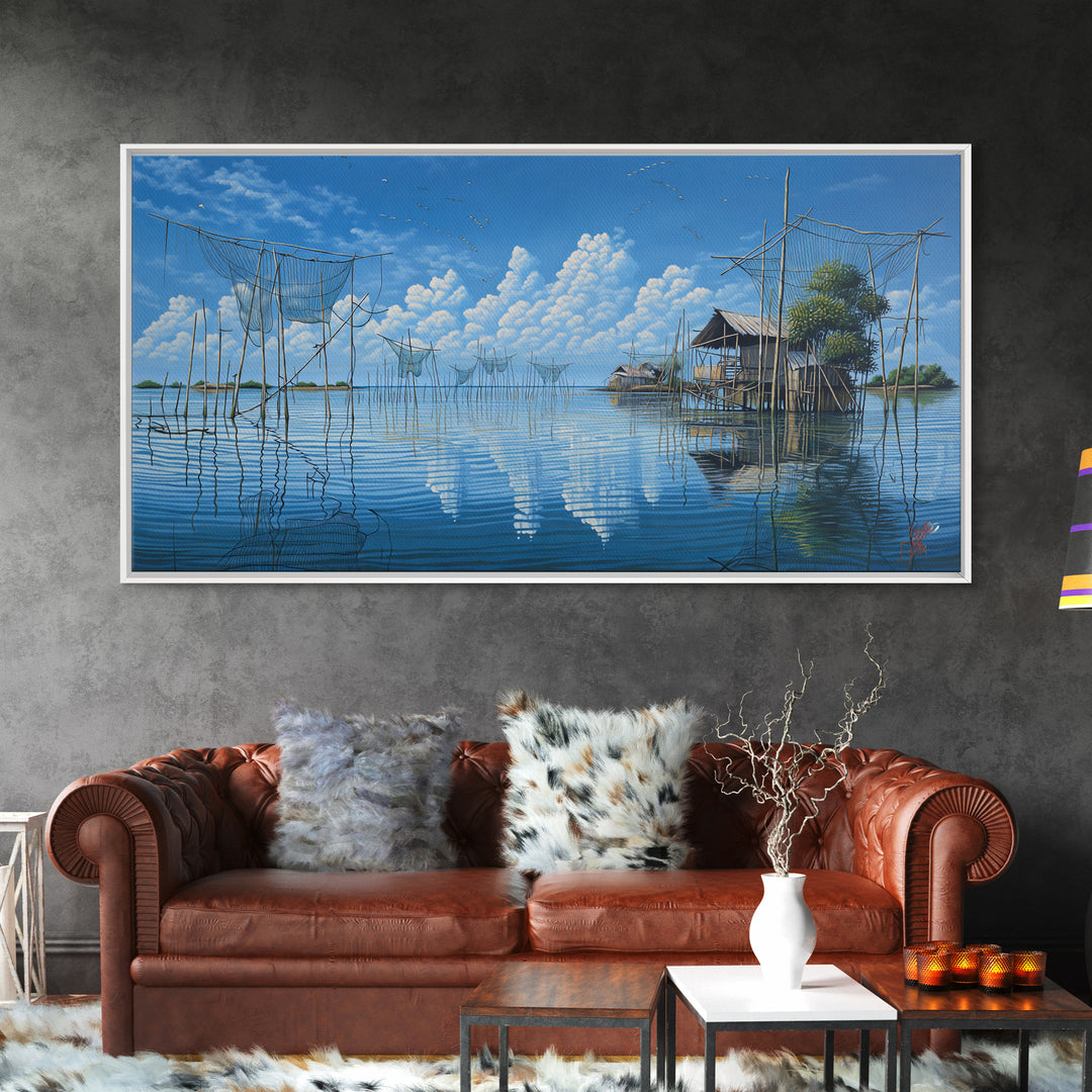 Calm Lake Fishing Nets Wall Art, Blue Sky Reflections Canvas Print, Coastal Landscape, Nature Scene Art, Serene Home Decor