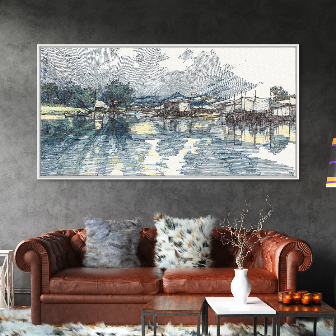 Ink Sketch Fishing Harbor Wall Art, Blue Coastal Village Canvas Print, Minimalist Art, Water Reflection, Office Decor Gift