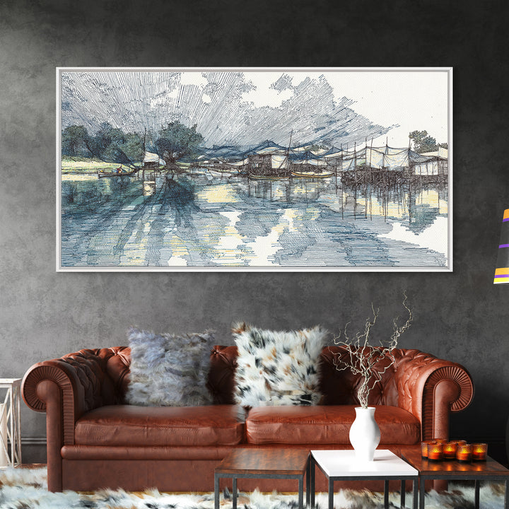 Ink Sketch Fishing Harbor Wall Art, Blue Coastal Village Canvas Print, Minimalist Art, Water Reflection, Office Decor Gift