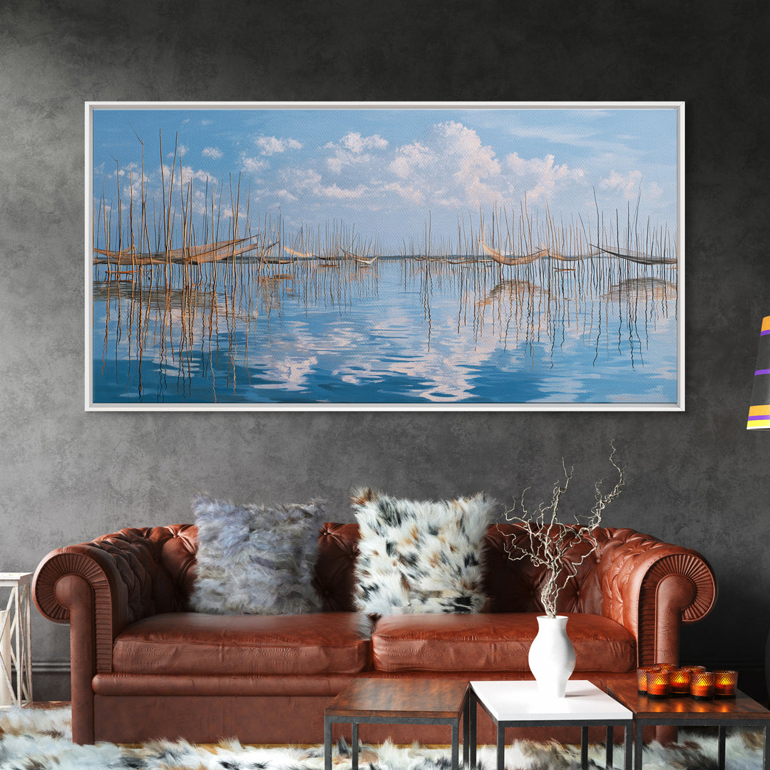 Peaceful Bamboo Fishing Poles Wall Art, Blue Water Landscape Canvas Print, Coastal Nature Scene Art, Elegant Living Room Decor