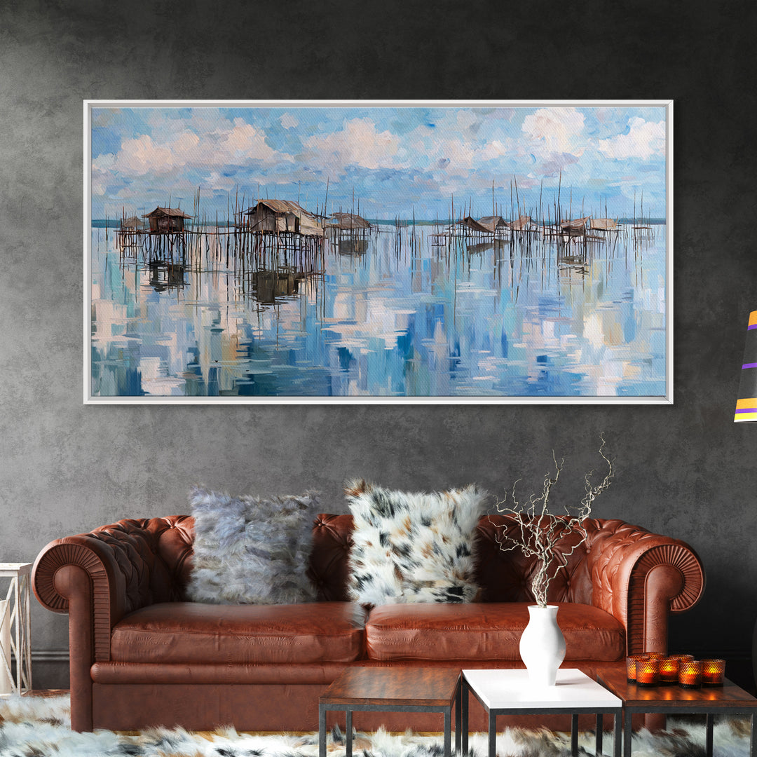 Blue Stilt Village Seascape Reflections Wall Art, Coastal Water Village Canvas Decor, Serene Sky Painting, Living Room Decor