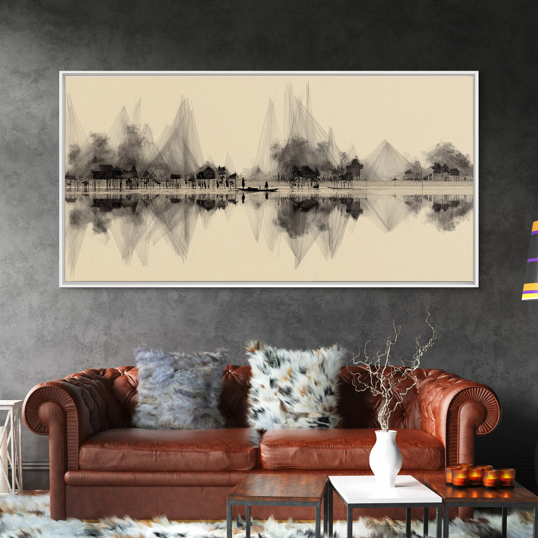 Sepia Ink Lakeside Village Reflections Wall Art, Minimalist Landscape Print, Serene Neutral Decor, Gallery Style Home Decor