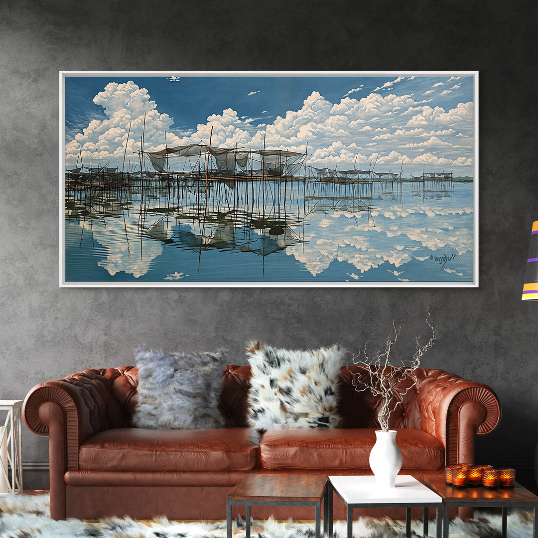 Bright Stilt House Lagoon Reflections Canvas Print, Coastal Sky Wall Decor, Blue Water Landscape Art, Serene Living Room Decor