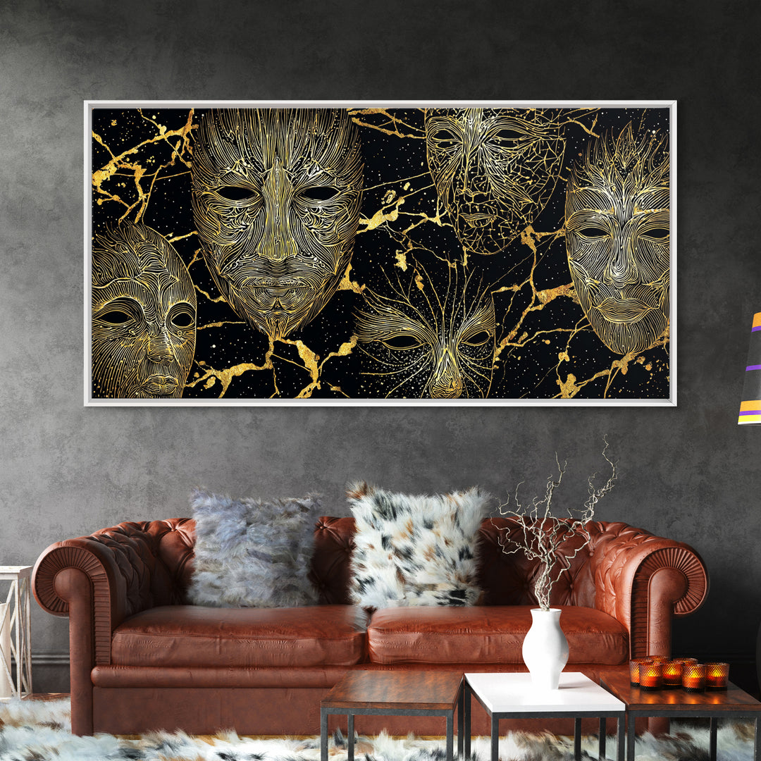 Gold Line African Mask Wall Art, Black And Gold Tribal Art Print, Abstract African Art Decor, Afrocentric Statement Decor