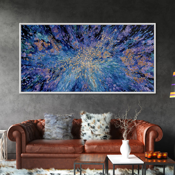 Blue Gold Cosmic Abstract Wall Art, Explosive Modern Canvas Decor, Textured Art Print, Dreamy Statement Living Room Decor