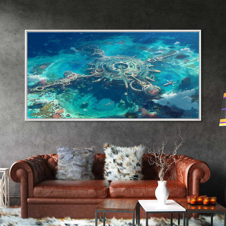 Futuristic Ocean City Aerial Canvas Print, Turquoise Sci Fi Island Wall Decor, Modern Digital Art, Unique Coastal Home Decor