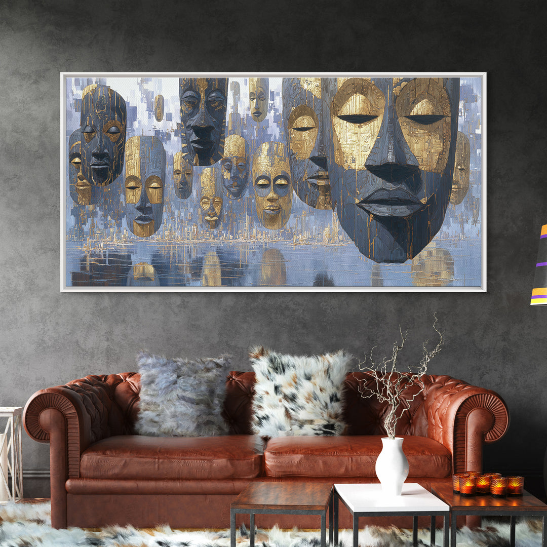 Floating African Mask Framed Canvas Print, Blue Gold Tribal Wall Decor, Modern African Art, Afrocentric Living Room Decor