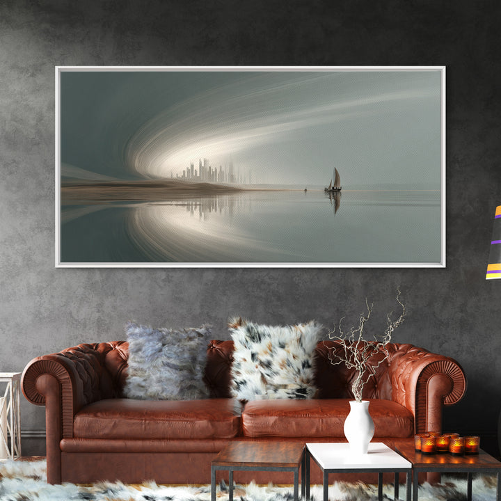 Misty Futuristic Sailboat Wall Art, Serene Coastal Skyline, Modern Minimalist Decor, Dreamy Landscape, Luxury Canvas Print