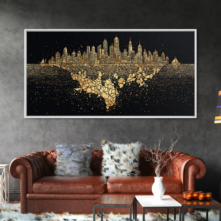 Gold Floating Skyline Wall Art, Black And Gold Art, Modern Cityscape Poster, Abstract Urban Decor, Statement Canvas Print