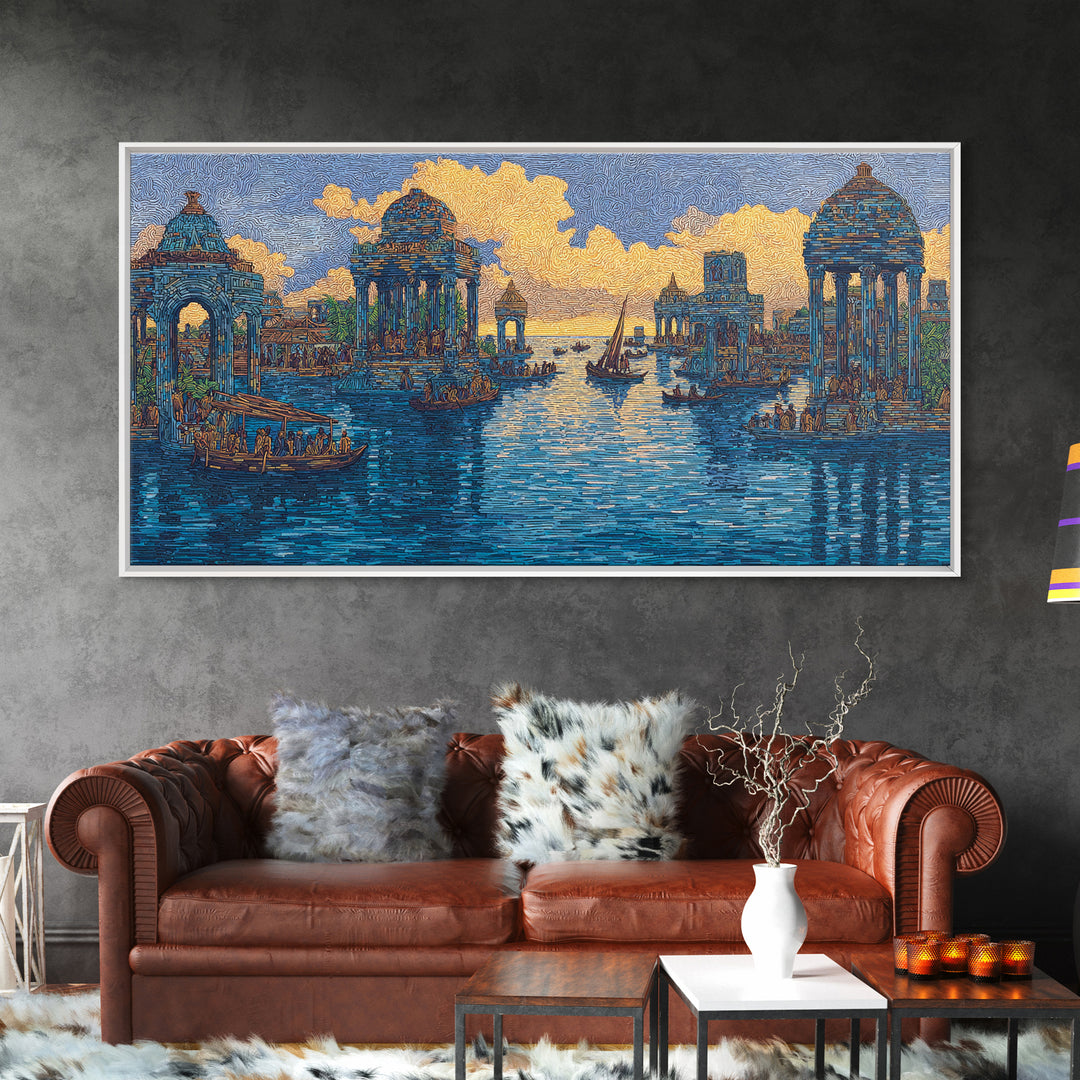 Blue Golden Temple Canal Wall Art, Ancient City Landscape, Cultural Art Print, Dreamy Water Decor, Contemporary Canvas Print