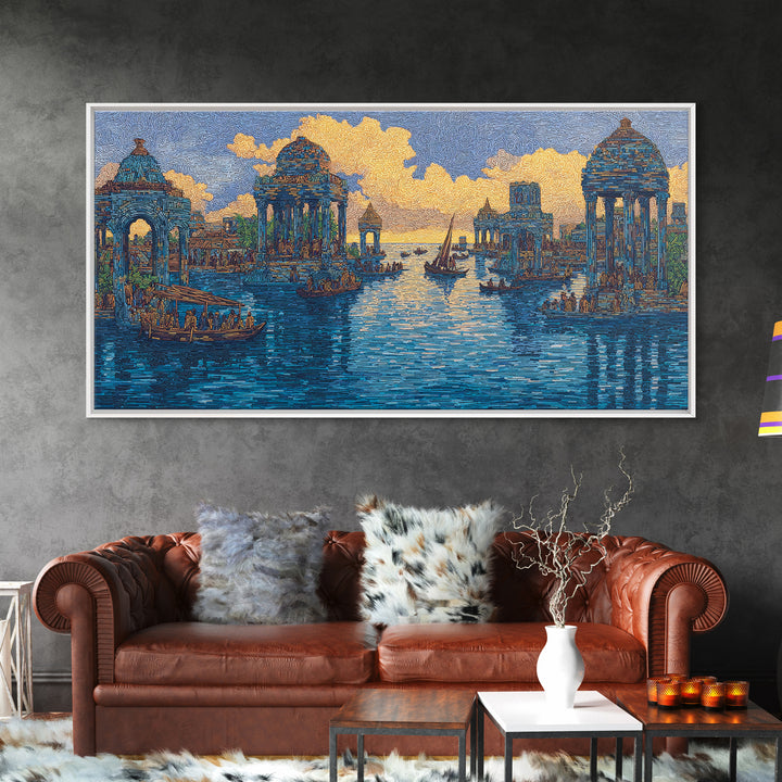 Blue Golden Temple Canal Wall Art, Ancient City Landscape, Cultural Art Print, Dreamy Water Decor, Contemporary Canvas Print