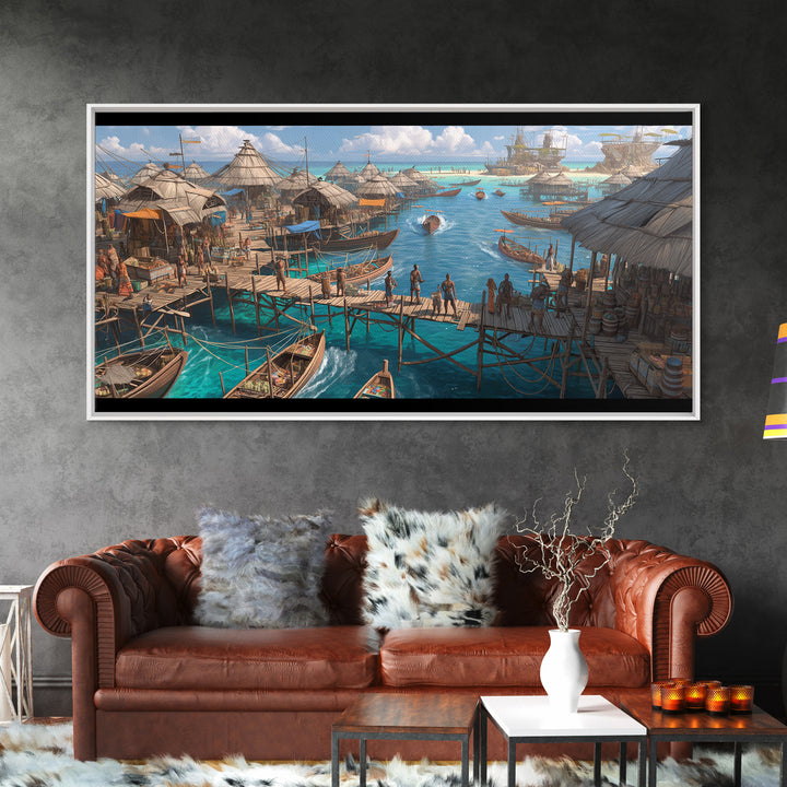 Tropical Stilt Village Wall Art, African Coastal Harbor, Fishing Boats, Teal Water Decor, Safari Travel Canvas Print, Unique Home Decor