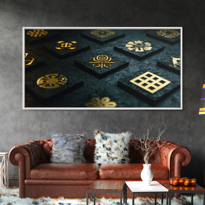 Gold Adinkra Symbols Wall Art, African Patterns Decor, Black And Gold Design, Spiritual Cultural Art, Framed Canvas Print
