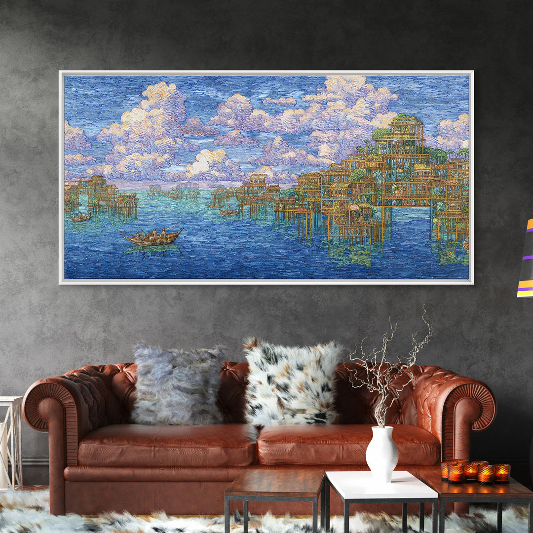 Ocean Stilt Village Wall Art, Blue Coastal Landscape, African Inspired Fishing Boats, Dreamy Clouds, Premium Canvas Print