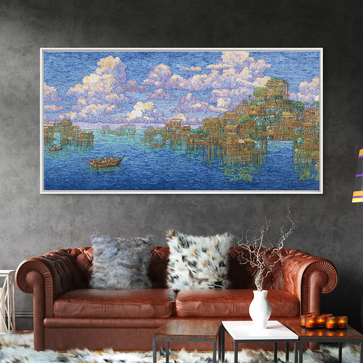 Ocean Stilt Village Wall Art, Blue Coastal Landscape, African Inspired Fishing Boats, Dreamy Clouds, Premium Canvas Print