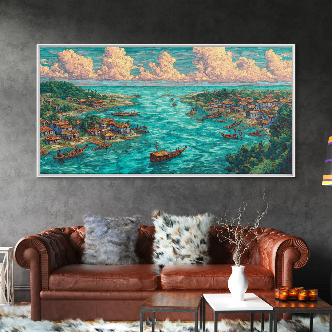 Turquoise Island Fishing Village Wall Art, African Coastal Landscape, Teal Water Decor, Nature Scene Art, Canvas Print Gift