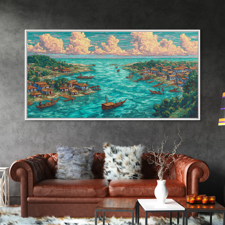 Turquoise Island Fishing Village Wall Art, African Coastal Landscape, Teal Water Decor, Nature Scene Art, Canvas Print Gift