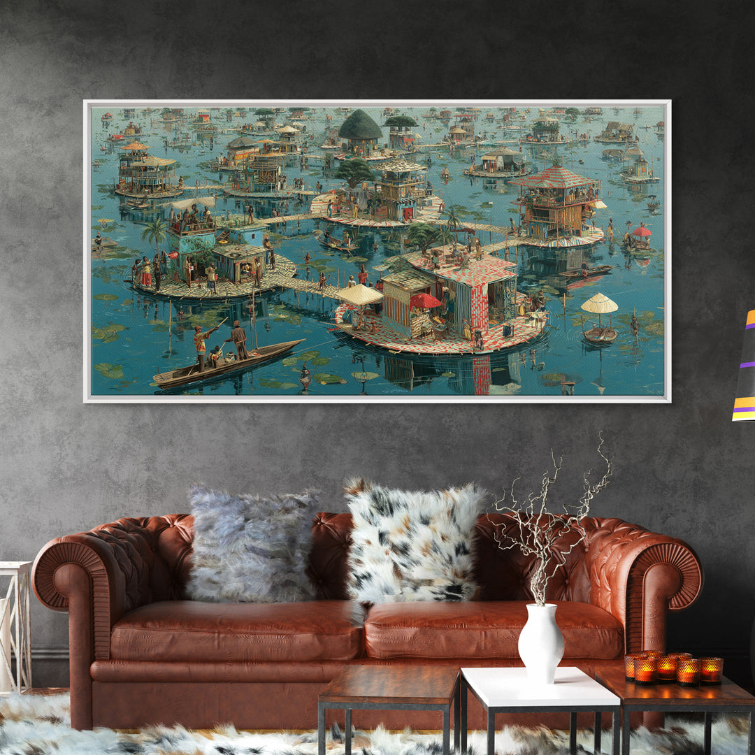 Floating Wetland Village Wall Art, African Water Landscape, Round Island Homes, Boho Coastal Decor, Unique Canvas Print Gift