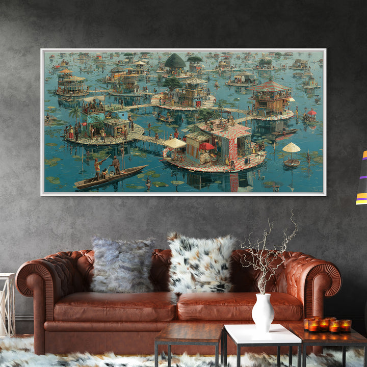 Floating Wetland Village Wall Art, African Water Landscape, Round Island Homes, Boho Coastal Decor, Unique Canvas Print Gift