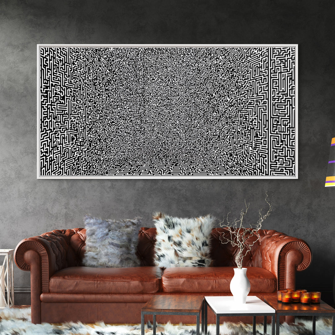 Black And White Optical Maze Room Wall Art, Abstract Geometric Pattern Print, Modern Minimalist Office Decor, Bold Canvas