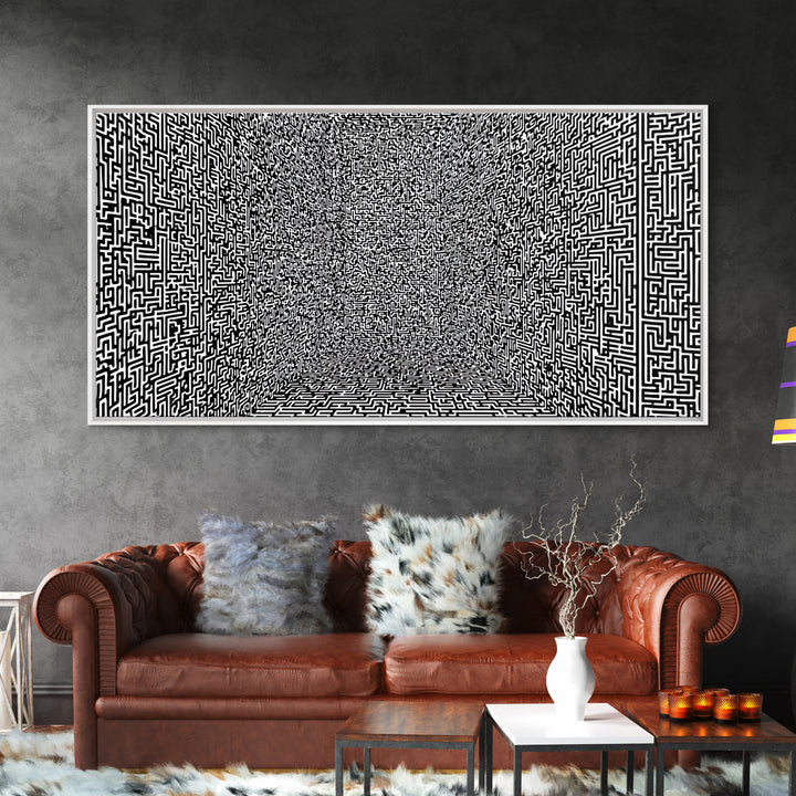 Black And White Optical Maze Room Wall Art, Abstract Geometric Pattern Print, Modern Minimalist Office Decor, Bold Canvas