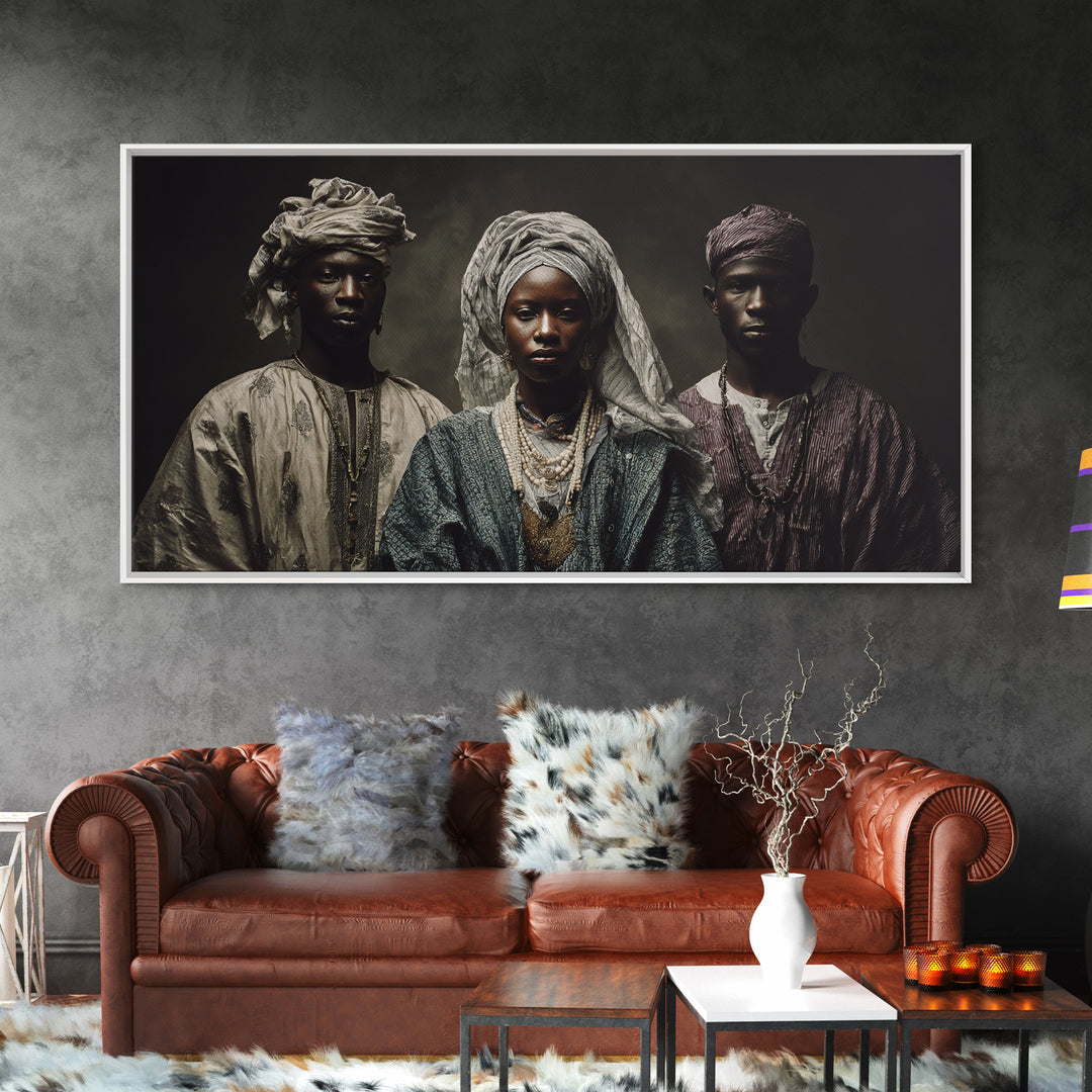 Regal African Trio Portrait Framed Canvas Print, Traditional Headwraps, Afrocentric Wall Decor, Black Culture Portrait Art Gift